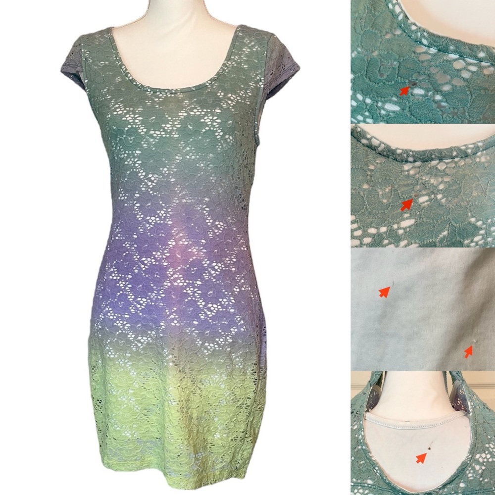 Material Girl Green & Purple Floral Ombré Mesh Mini Dress with Bow Women’s Large